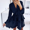 CVYATAYA Arrived Flared Sleeves Ruffles V Neck Sexy Dress Women Spring Autumn Long Sleeve A-Line Solid Sashes Mini Dresses
