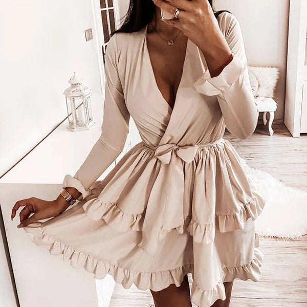 CVYATAYA Arrived Flared Sleeves Ruffles V Neck Sexy Dress Women Spring Autumn Long Sleeve A-Line Solid Sashes Mini Dresses