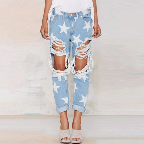 Women Vintage boyfriend Holes Ripped Jeans Mid Waist Denim Trousers Female Denim Lady Pants grote maten dames QL2236