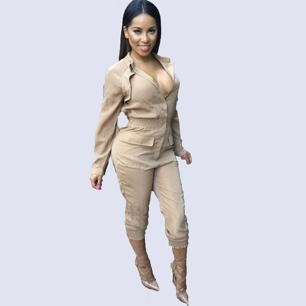 Autumn Sexy Rompers Women Jumpsuit Turn down collar Long Sleeve Overalls Pockets Zipper macacao feminino comprido