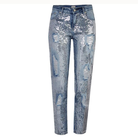 Plus size Bling Sequin Low Waist Jeans for women Denim overalls Straight Pants boyfriend Trousers for feminino QL3541