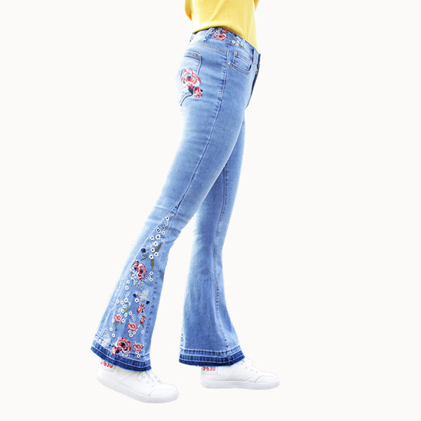 Plus size Jeans Woman Flare Pants Embroidery Floral jeans for women 2022 Mid Waist Casual Vintage Denim Pants femme QL3539
