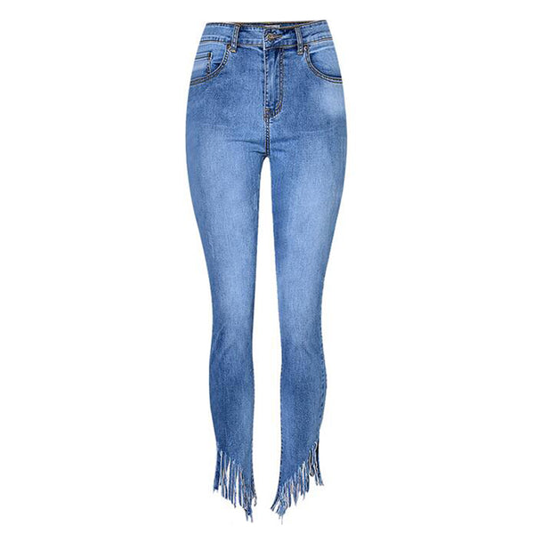 Tassel Jeans Woman high waist Skinny Pencil Jeans irregular Casual Plus size Pants Denim Fashion Trousers femme QL3646