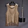 Women Gold Lurex knit Tank Camis top Sexy Hollow out Camisole Holes Slim Bling Spaghetti Sequins Tanks Top Summer Femme