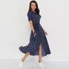 Capucines Dot Print Turn-down Collar Midi Shirt Dress Summer Single Breasted Belt Short Sleeve A Line Casual Dresses For Women