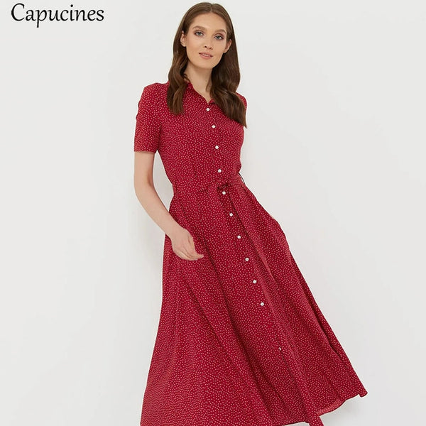 Capucines Dot Print Turn-down Collar Midi Shirt Dress Summer Single Breasted Belt Short Sleeve A Line Casual Dresses For Women