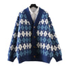 Cardigan Sweater Women Argyle Knitted Sweater Autumn Winter Vintage Single Breasted Jumper Casual Loose Knitwear Long Sleeve Top