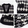 Cardigan Sweater Women Argyle Knitted Sweater Autumn Winter Vintage Single Breasted Jumper Casual Loose Knitwear Long Sleeve Top