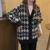 Cardigan Sweater Women Argyle Knitted Sweater Autumn Winter Vintage Single Breasted Jumper Casual Loose Knitwear Long Sleeve Top