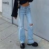 Cargo Pants Women Jeans High Waist Ripped Baggy Jeans Vintage Knee Hole Full Length Pants Solid Blue Cool Denim Trousers