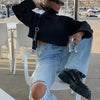 Cargo Pants Women Jeans High Waist Ripped Baggy Jeans Vintage Knee Hole Full Length Pants Solid Blue Cool Denim Trousers