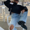 Cargo Pants Women Jeans High Waist Ripped Baggy Jeans Vintage Knee Hole Full Length Pants Solid Blue Cool Denim Trousers