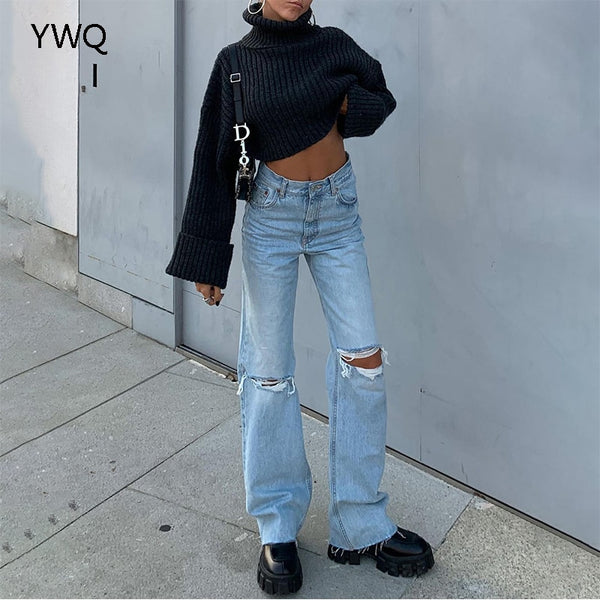 Cargo Pants Women Jeans High Waist Ripped Baggy Jeans Vintage Knee Hole Full Length Pants Solid Blue Cool Denim Trousers