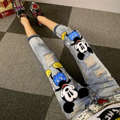 Cartoon Fashion Sexy Slim Women Prints Patchwork Supper Jeans Casual Denim Pants Trousers Hole Vintage Girls Ripped Jeans 345