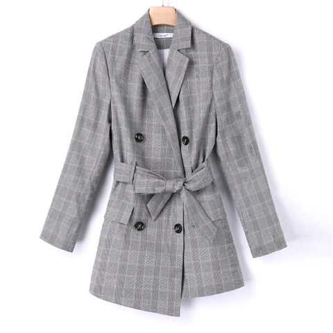 Casual Autumn Plaid Long Blazer Women Double Breasted Blazer Elegant Long Sleeve Suit Jacket Female Fashion Lattice Printed Coat