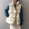 Casual Belted Winter Vest Women Zip Sleeveless Jacket Elegant Stand Collar Outerwear Female Solid Down Vest With Pocket