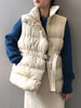 Casual Belted Winter Vest Women Zip Sleeveless Jacket Elegant Stand Collar Outerwear Female Solid Down Vest With Pocket