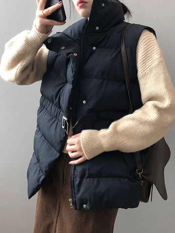 Casual Belted Winter Vest Women Zip Sleeveless Jacket Elegant Stand Collar Outerwear Female Solid Down Vest With Pocket