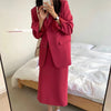 Casual Blazer Two Piece Sets Korean Solid Elegant Office Lady High Waist Slit Straight Midi Skirts and Loose Suit Coats Outfits