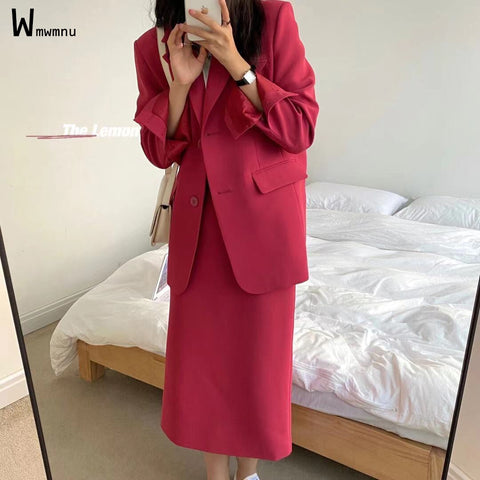Casual Blazer Two Piece Sets Korean Solid Elegant Office Lady High Waist Slit Straight Midi Skirts and Loose Suit Coats Outfits