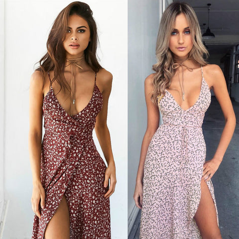 Casual Bohemian Women Dress Summer 2023 Sexy Boho Dresses Maxi Robe Floral Spaghetti Strap Dot Printed Backless Beach Long Dress