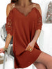 Casual Chain Strap Women Mini Dress Elegant Hollow Lace Sleeve Loose Pullover Dress Sexy V Neck Off Shoulder Office Lady Dresses
