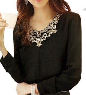 Casual Chiffon Blouse Korean Long-sleeved Sequined Stitching Pleated Shirt Plus Size S-4XL