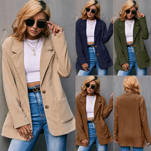 Casual Corduroy Blazer Women 2023 Ropa Mujer Solid Color Single Button Long Sleeve Jackets Casual All-match Blazer Women