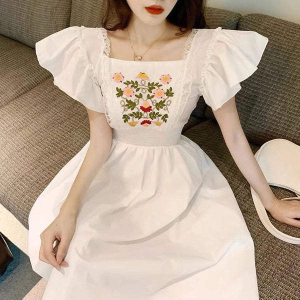 Casual Cotton Embroidery Maxi Party Women Dress Bohemian White Short Sleeve A-line Summer Floral Print Korean O-neck Vestidos