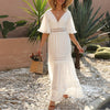 Casual Cotton Stitching Embroidery Maxi Dress Bohemian White Summer Short Sleeve Women Beach Dress Sexy V-neck Vestidos