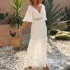Casual Cotton Stitching Embroidery Maxi Dress Bohemian White Summer Short Sleeve Women Beach Dress Sexy V-neck Vestidos