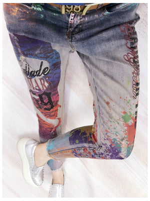 Casual Denim Skinny Pant Femme Pencil Jeans Trousers Bronzing Painted Pattern Jeans Denim Trousers