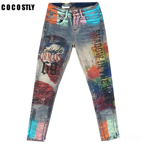 Casual Denim skinny jeans woman Pant Femme Pencil Jeans Trousers Bronzing Painted Pattern Jeans Denim Trousers