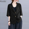 Casual Elegant Lapel Button Thin Coats Vintage Solid Button Down OL Tunic Jackets ZANZEA Summer Women Cotton 3/4 Sleeve Blazer