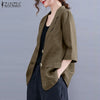 Casual Elegant Lapel Button Thin Coats Vintage Solid Button Down OL Tunic Jackets ZANZEA Summer Women Cotton 3/4 Sleeve Blazer