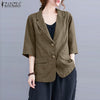 Casual Elegant Lapel Button Thin Coats Vintage Solid Button Down OL Tunic Jackets ZANZEA Summer Women Cotton 3/4 Sleeve Blazer