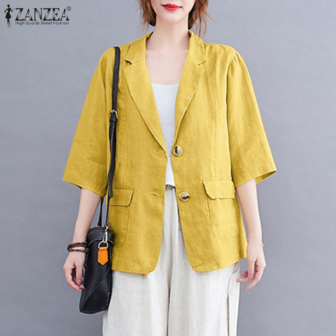 Casual Elegant Lapel Button Thin Coats Vintage Solid Button Down OL Tunic Jackets ZANZEA Summer Women Cotton 3/4 Sleeve Blazer