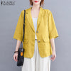 Casual Elegant Lapel Button Thin Coats Vintage Solid Button Down OL Tunic Jackets ZANZEA Summer Women Cotton 3/4 Sleeve Blazer