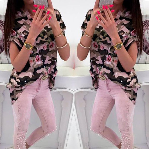 Casual Floral Print Women Blouse Shirts Short Sleeves Chiffon Ladies Camouflage Female Tops Elegant Blusas Femininas WS9012P