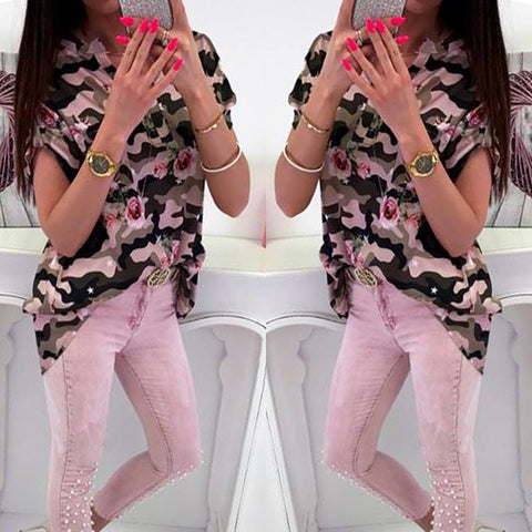 Casual Floral Print Women Blouse Shirts Short Sleeves Chiffon Ladies Camouflage Female Tops Elegant Blusas Femininas WS9012P