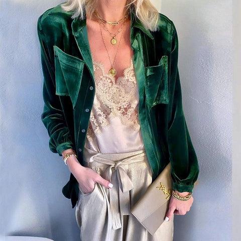 Casual Green Velvet Blazer Women Vintage Elegant Female Blazer Autumn 2023 Long Sleeve Button Jacket Woman Office Suit