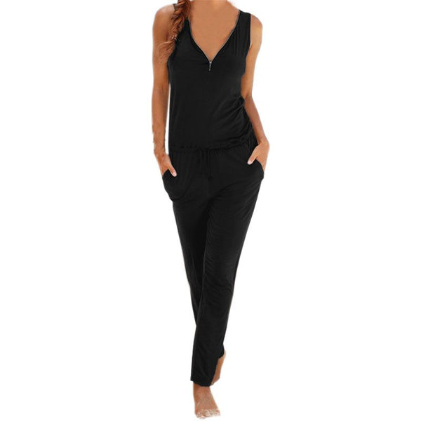 Casual Jumpsuits 2022 Summer Women Sleeveless V-neck Beach Leisure Loose Zipper Solid Pockets Drawstring Overall Plus Size LX341