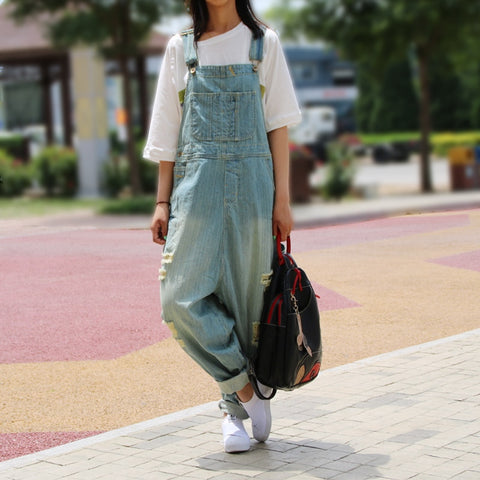 Casual Loose Plus Size Denim Overalls Women Ripped Jean Jumpsuit Boyfriend Wide Leg Jeans Harem Pants Trousers