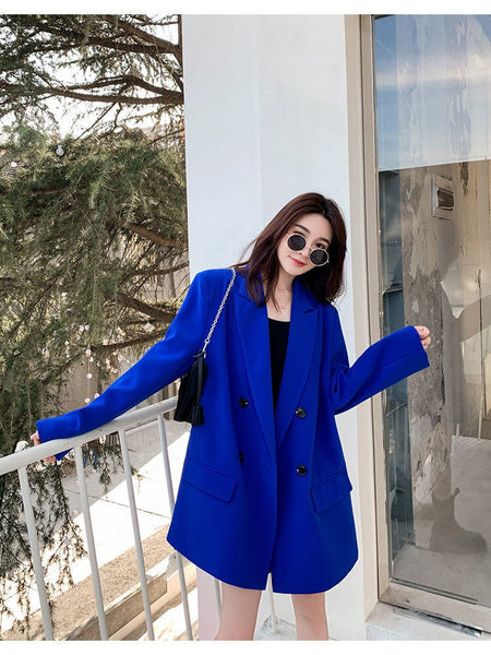 Casual Loose Women's Blazer Retro Long Sleeve Double Breasted Blue Blouse Women's Office Coat Blazer Mujer De Moda 2023