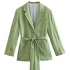 Casual Notch Collar Ofiice Ladies Green Blazer Za Long Sleeve Top Double Breasted Pocket With Belt Winter Jacket Women Outerwear