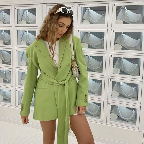 Casual Notch Collar Ofiice Ladies Green Blazer Za Long Sleeve Top Double Breasted Pocket With Belt Winter Jacket Women Outerwear