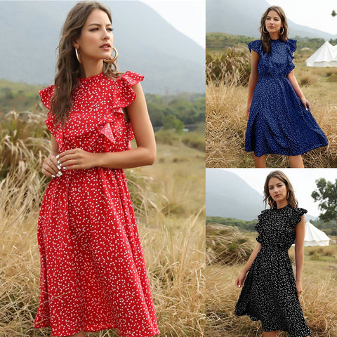 Casual O-neck Dress Women Dot Print Summer High Waist Midi Dresses Ladies  Butterfly Sleeve Ruffles Beach Dress vestidos