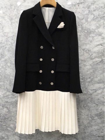 Casual Office Lady Notched Collar Double Breasted Pleated Women Blazer Coat Design Stitching Suit 2023 Autumn G929