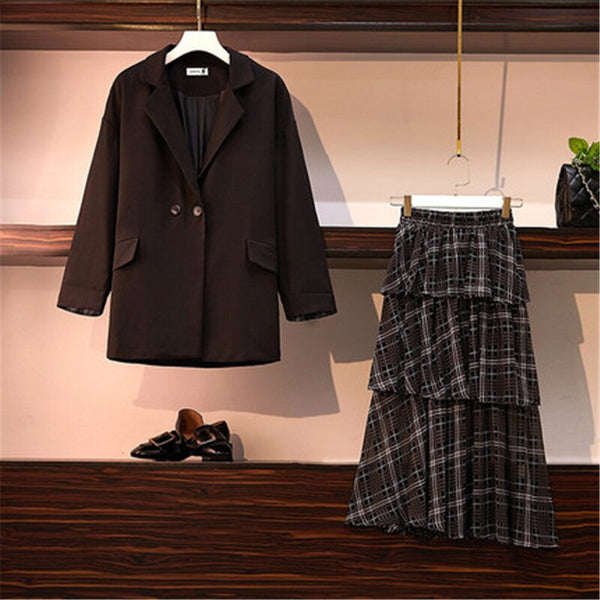 Casual Plus Size Women's Clothing 2022 Spring Autumn Blazers Jackets Women Plaid Skirts + Blazer Coats 2 two-piece Suit B143
