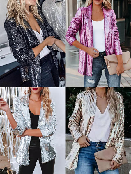 Casual Sequin Lapel Women Blazer Coat 2023 Autumn Long Sleeve Women Jacket Elegant Turn-down Collar Office Lady Uniform